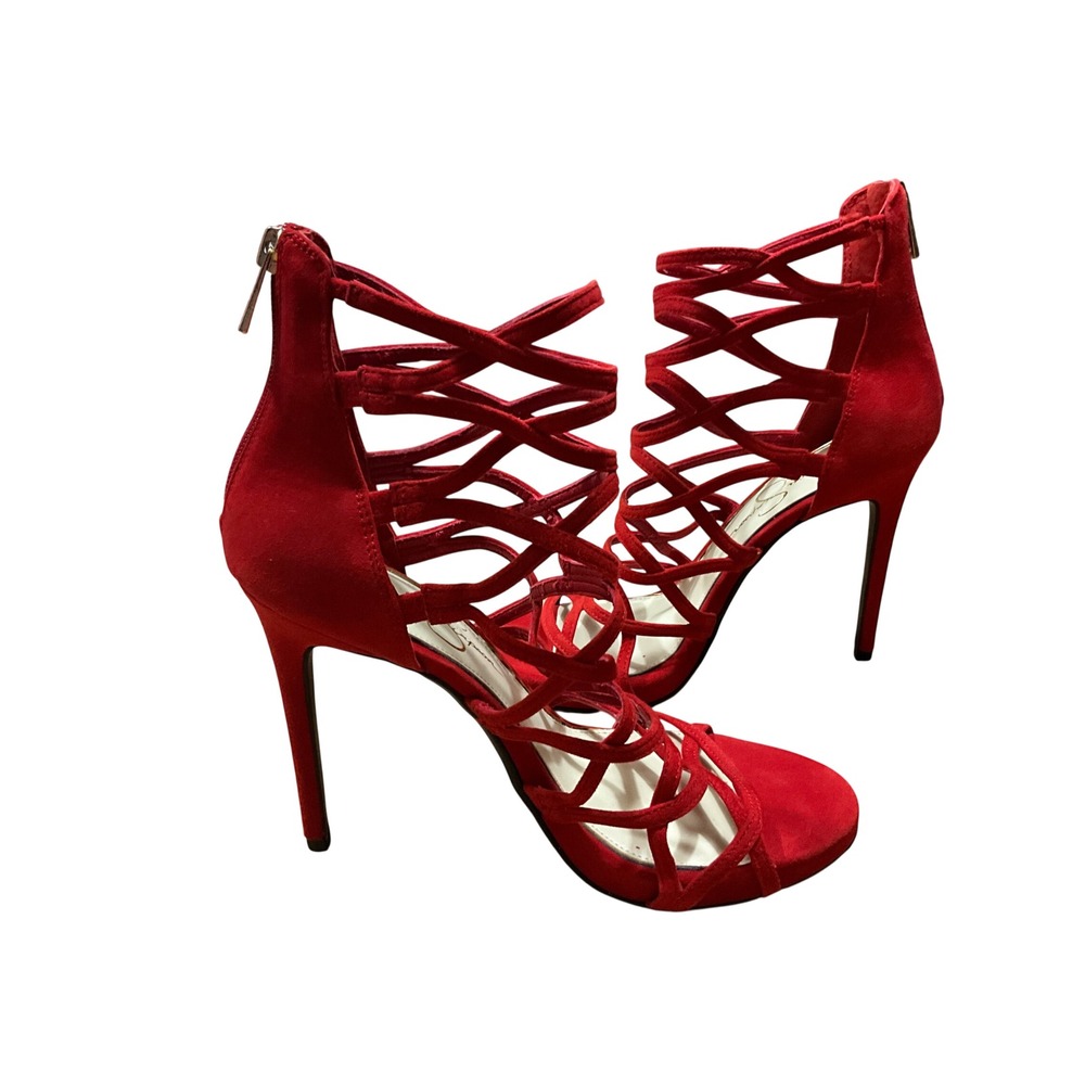 Jessica Simpson Razella Red Suede Caged Stiletto Heels Gladiator Sandals 8.5